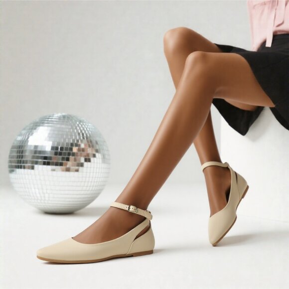 LURNYET Women's NUDE NUBUCK Casual Ankle Strap Pointed Toe Ballet Flats Shoes - Picture 1 of 7